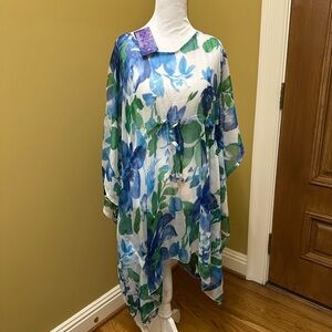 SunFlower Blue Green Floral Print Tunic Top Lightweight Cover‎ Up One Size
